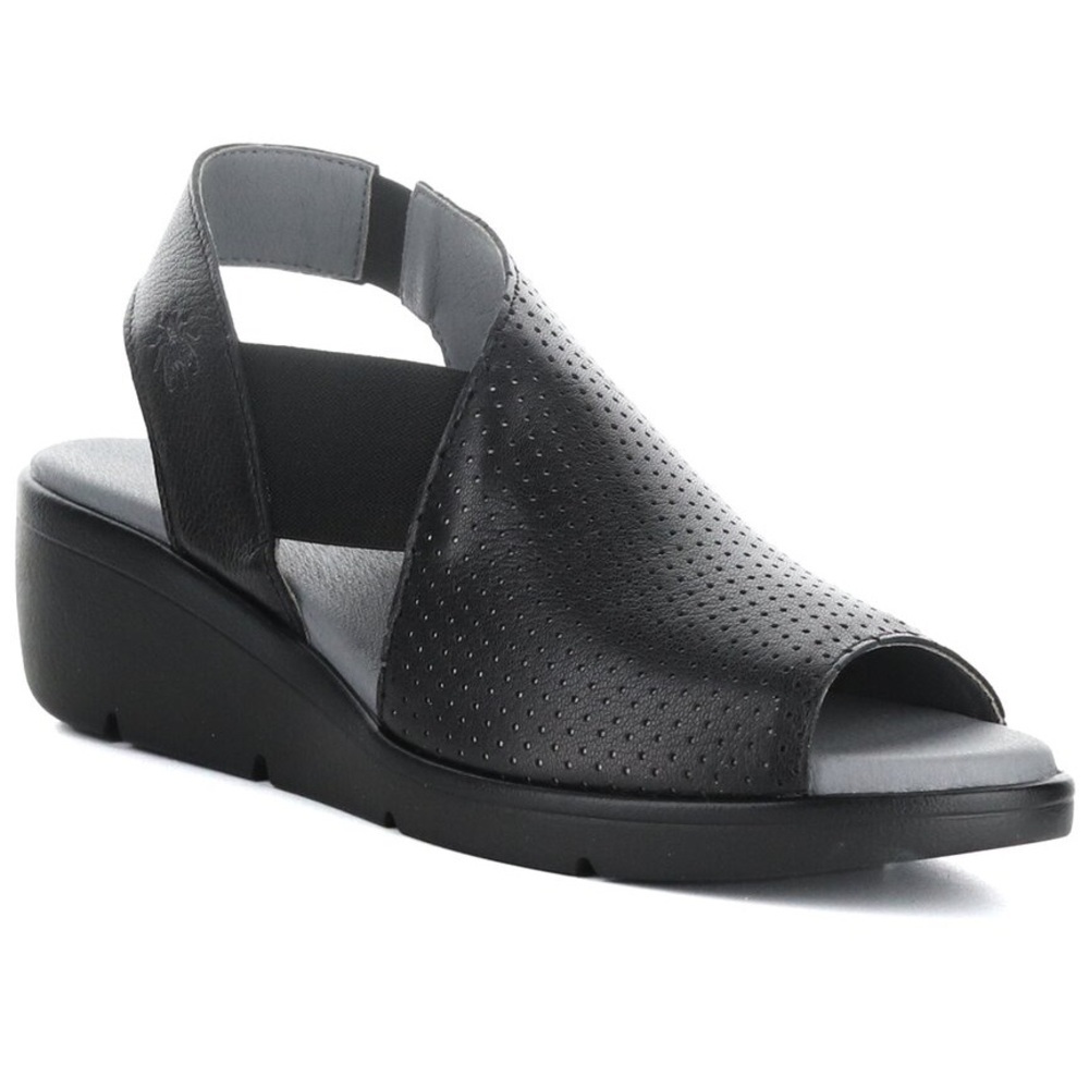 Fly London Nisolo Black Leather Wedge Sandals Size 39